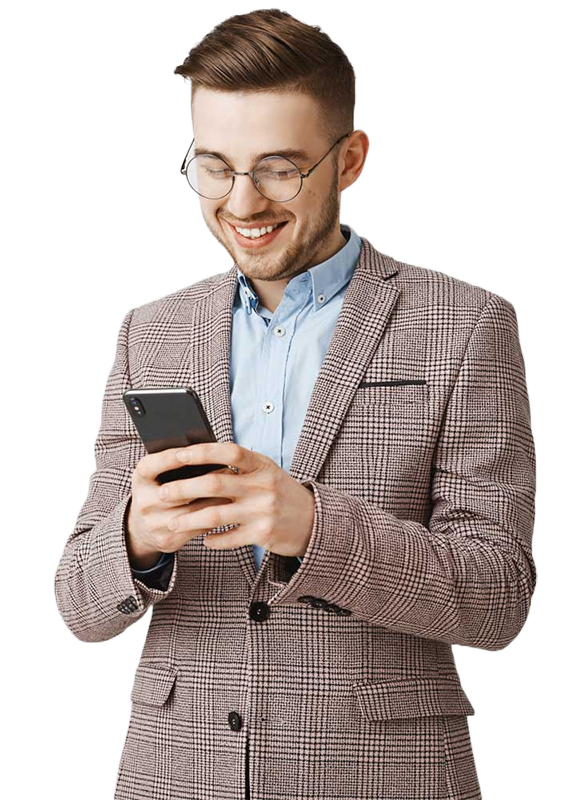 Professional software engineer in business attire using a smartphone